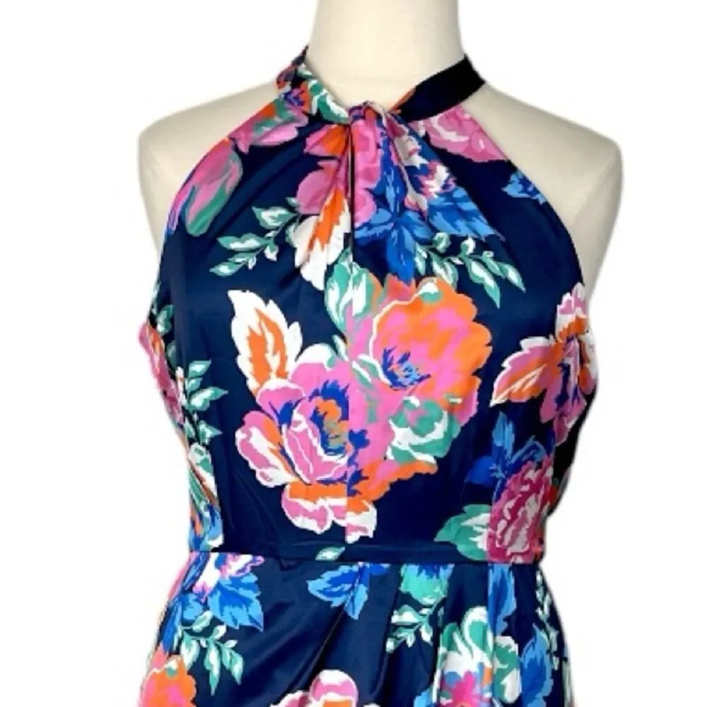 Julia Jordan New Dress Halter Neck Wrap Blue Pink Floral Satin Women’s Size 16 - Image 6