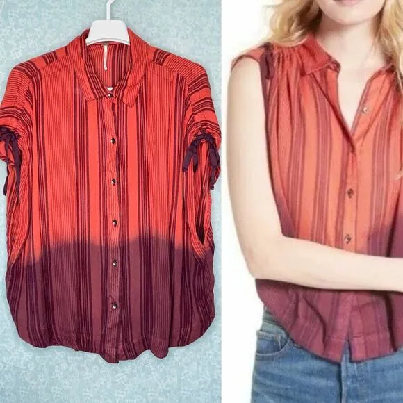 Free People Stripe Orange Burgundy Ombre Baby Blues Tie Shoulder Top Size Medium - Image 2