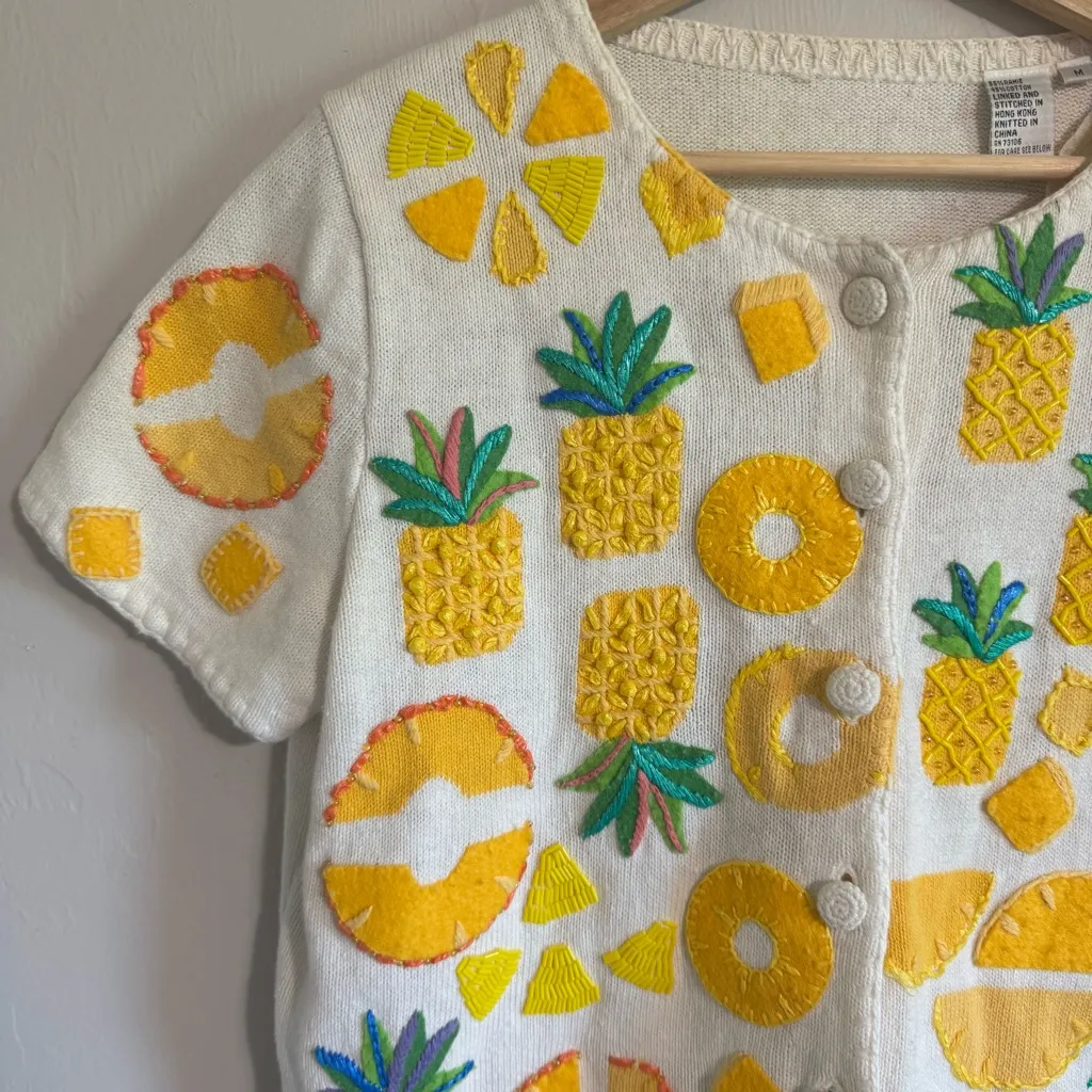 Michael Simon Fruit Appliqué knit Sweater Cardigan top colorful pineapple size M Yellow Size M - Image 2