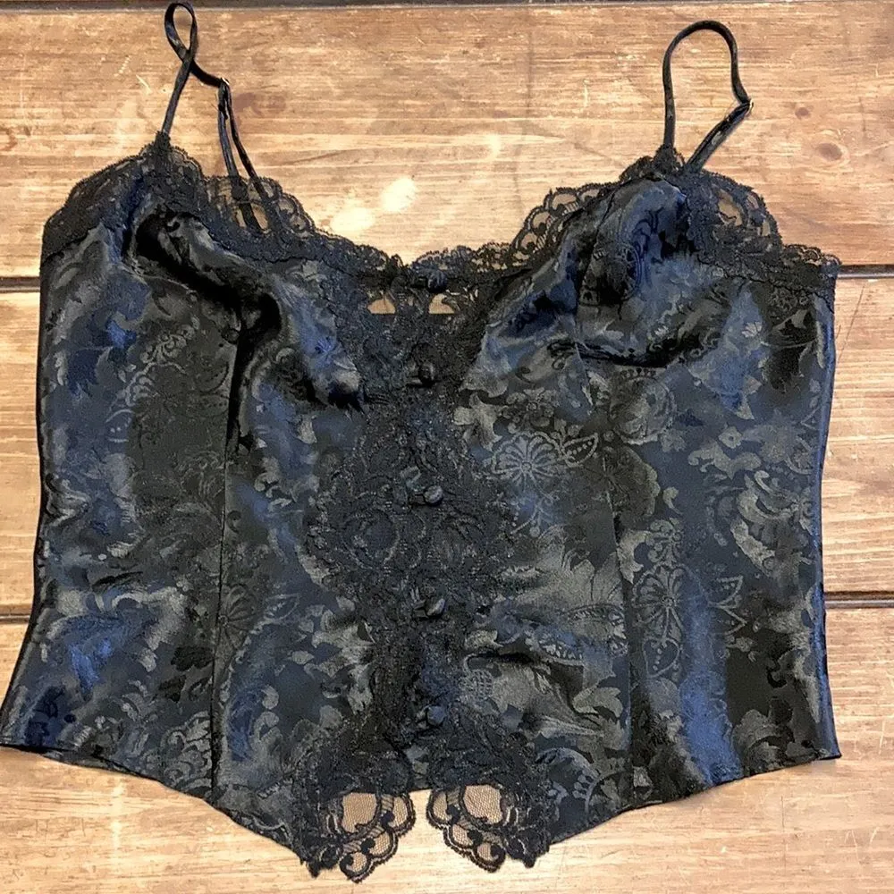 Victoria’s Secret Vintage Black Damask Satin Lace Lingerie Cami Top Medium - Image 8