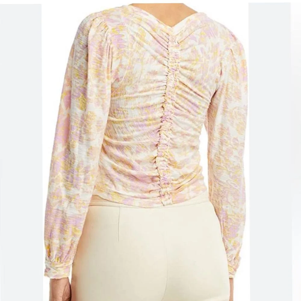 Free people fall long sleeve boho ruching crop top cotton floral neutral size xs - Image 3