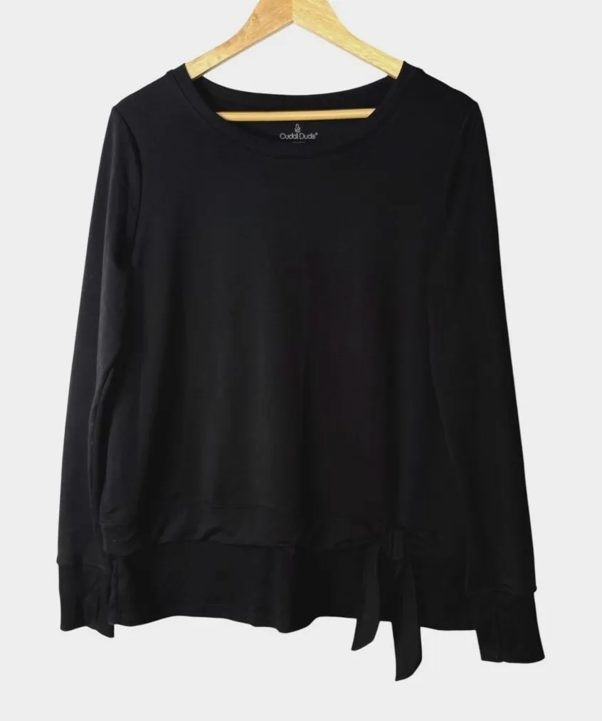 Cuddl Duds Bow Tie-Waist Pullover Top Long Sleeve Athleisure Black Size Medium - Image 1