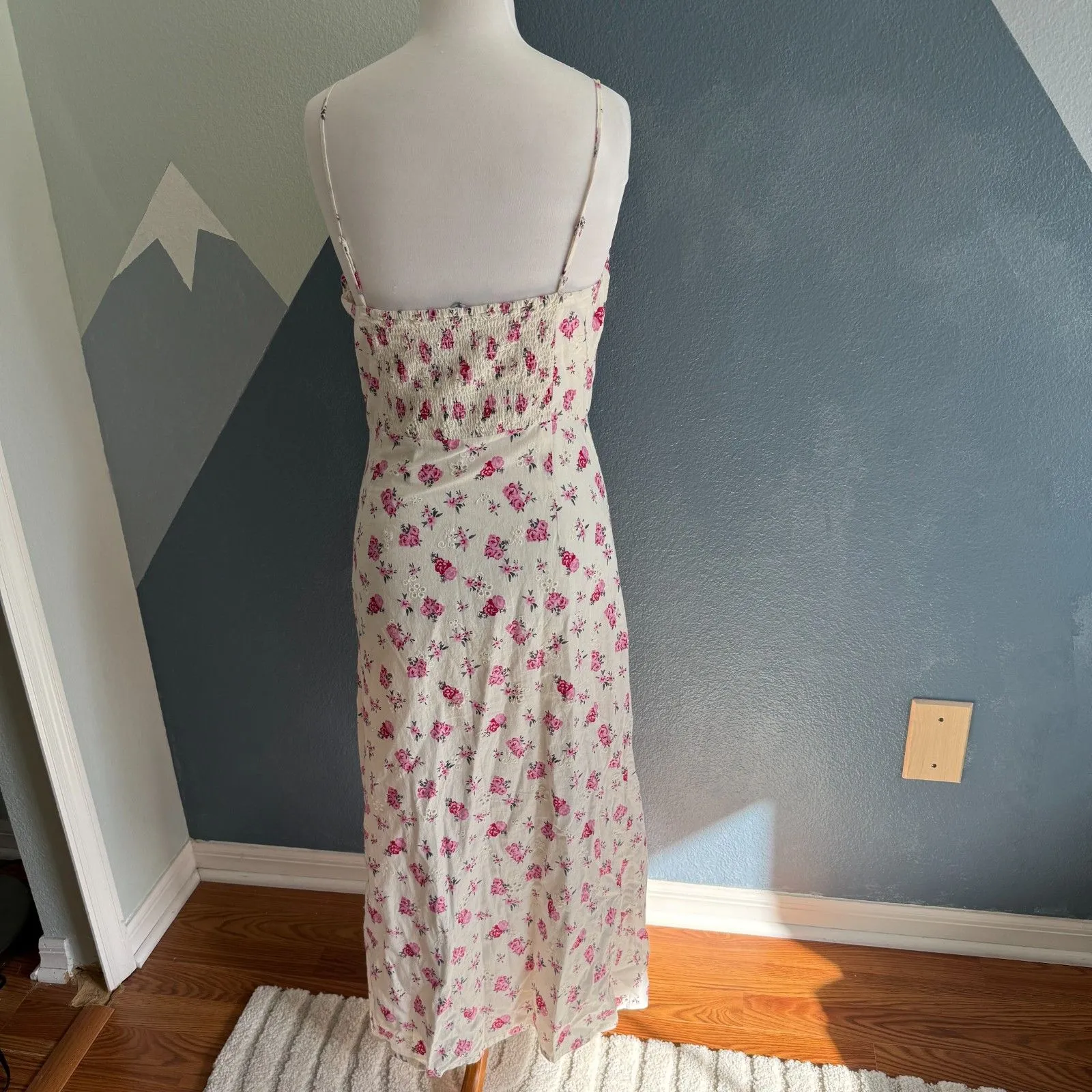 Zara Linen Floral Bustier Eyelet Smocked Midi Dress Size Large - Image 9