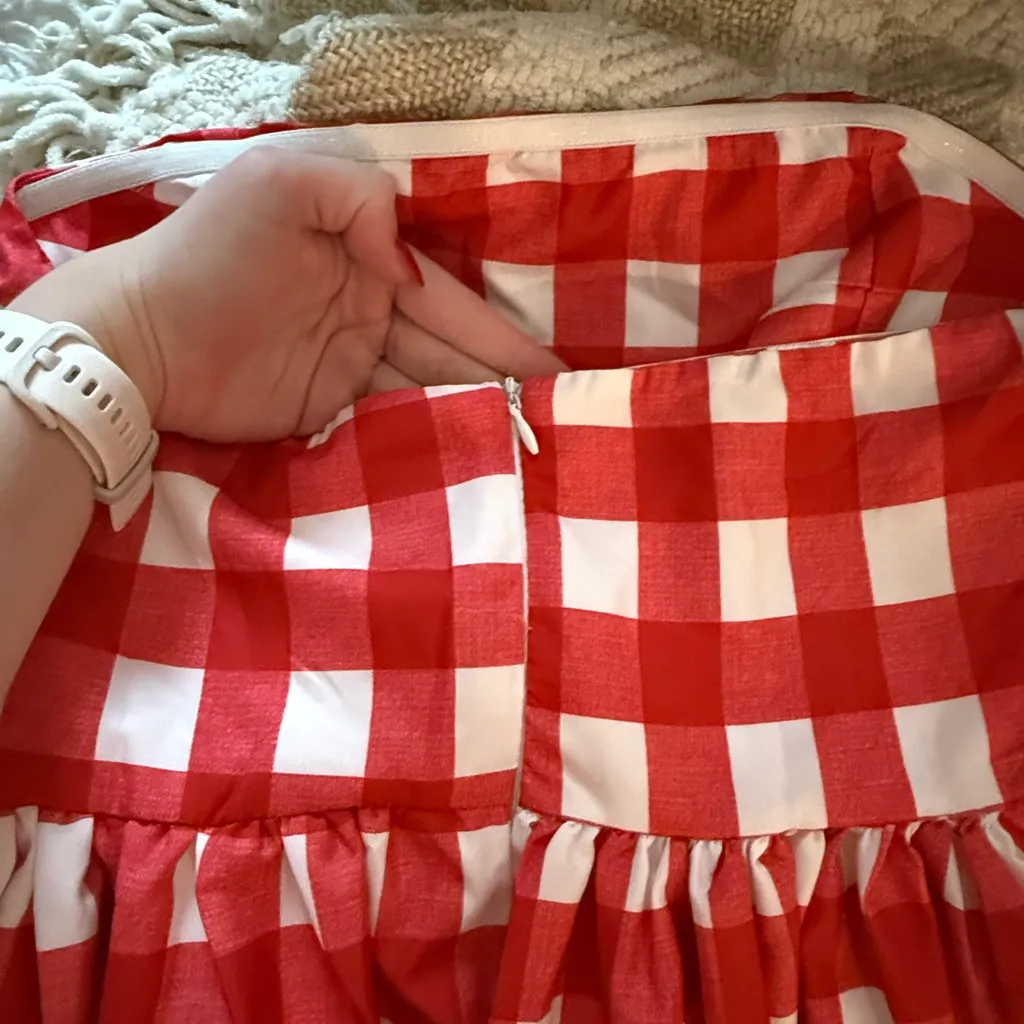 Red and White Gingham Strapless Dress - Image 4