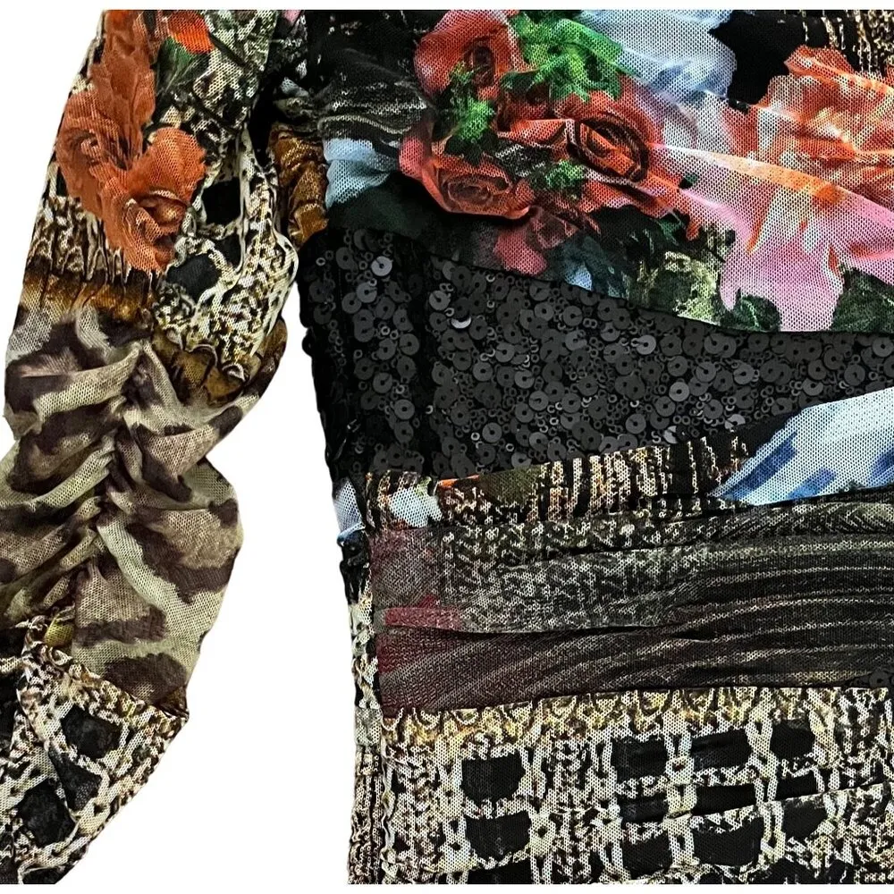 I Am Alberto Makali M Dress Ruched Stretch Mesh Sequins Party Animal Print - Image 3