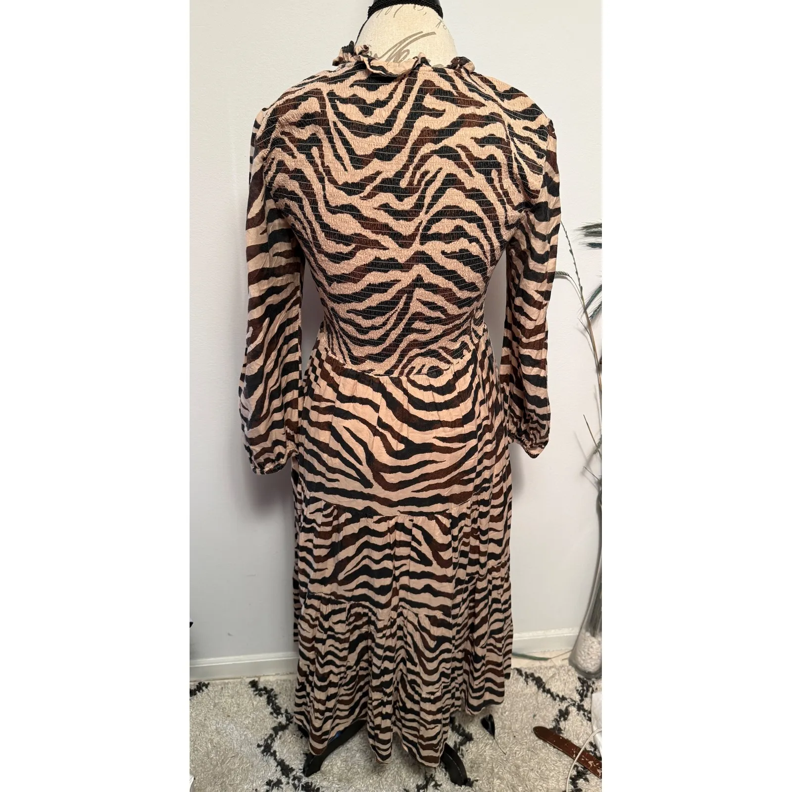 J. Crew Zebra Print Midi Dress Smocked Waist Tiered Skirt Long Sleeve Size M - Image 3