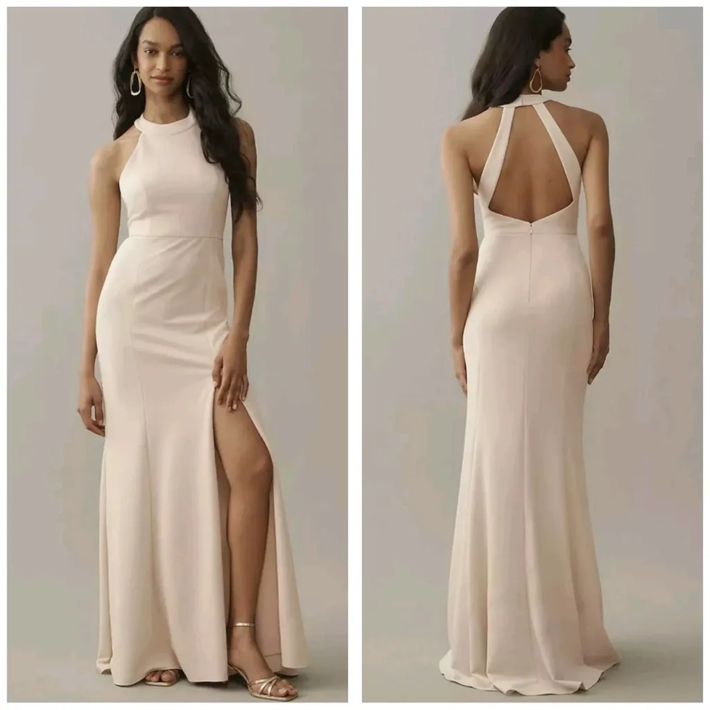 BHLDN Anthropologie Juliana High Neck Side Slit Stretch Chestnut Brown Maxi Sz 2 - Image 7