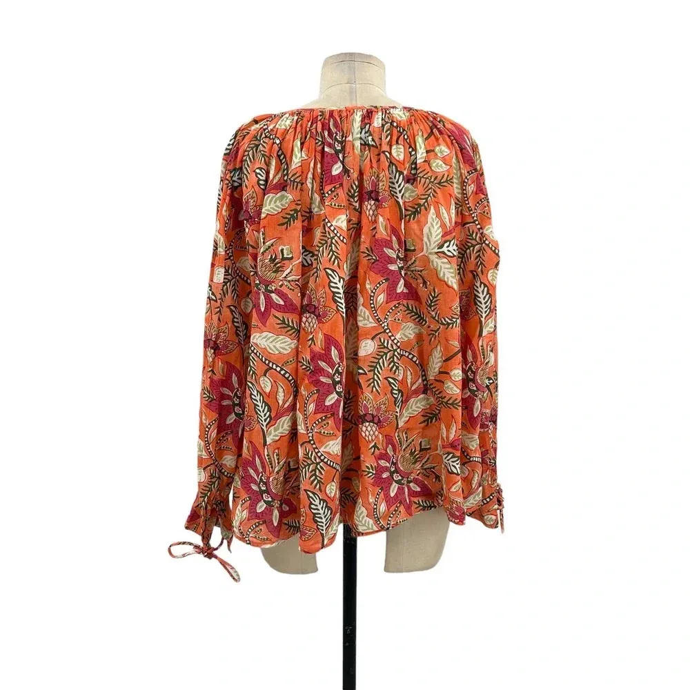Antik Batik Kalao Peasant Blouse Top Floral Long Sleeve Flowy Orange Pink Medium - Image 7