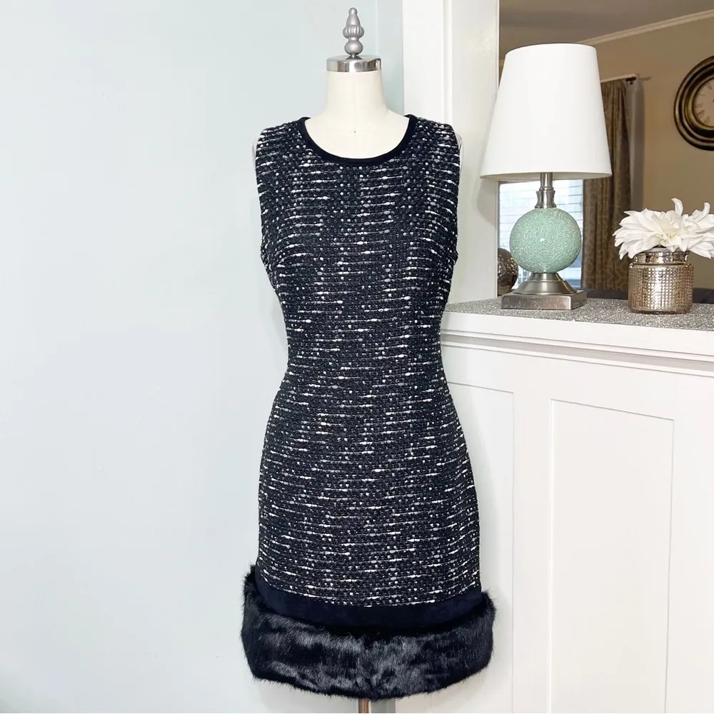 Calvin Klein Black Tweed Shift Dress with Fur Trim 8 Medium - Image 2