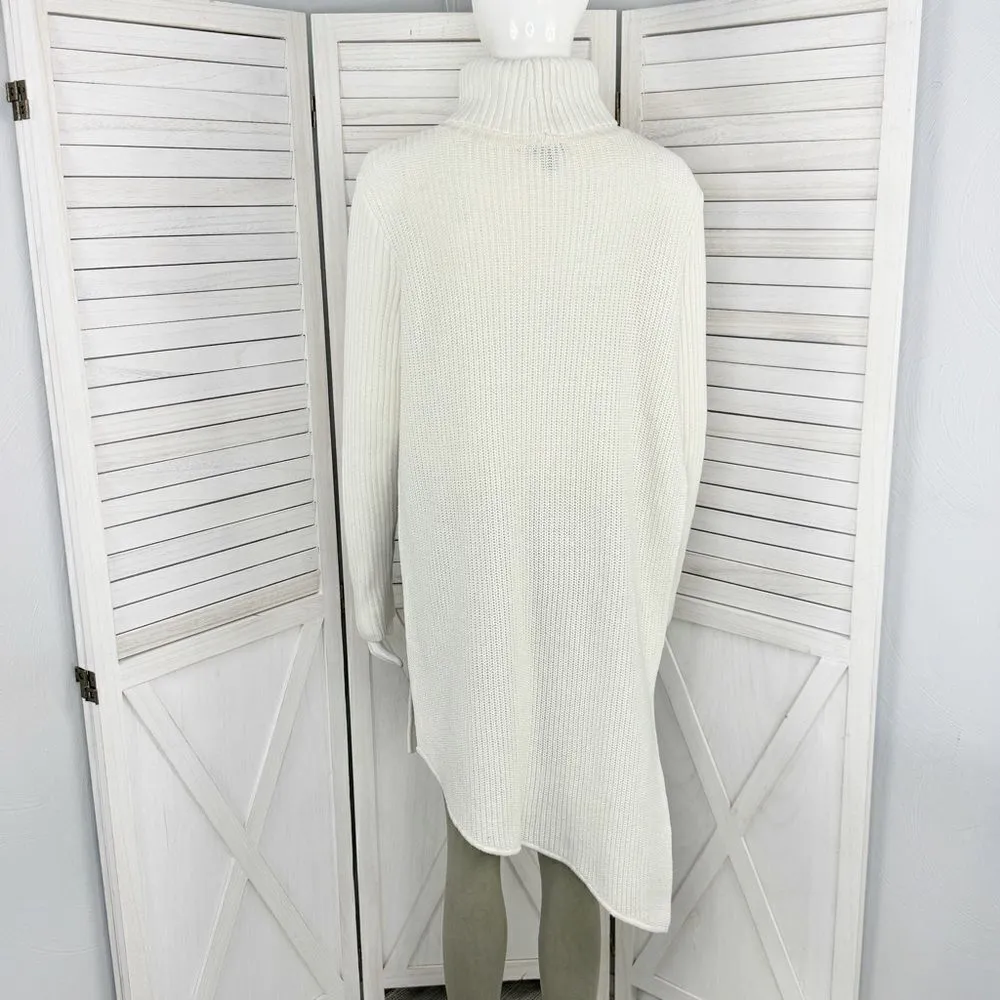 EXPRESS  Ribbed Asymmetrical Hem Split Side Long Sweater Cream Large Turtle Neck - Image 5