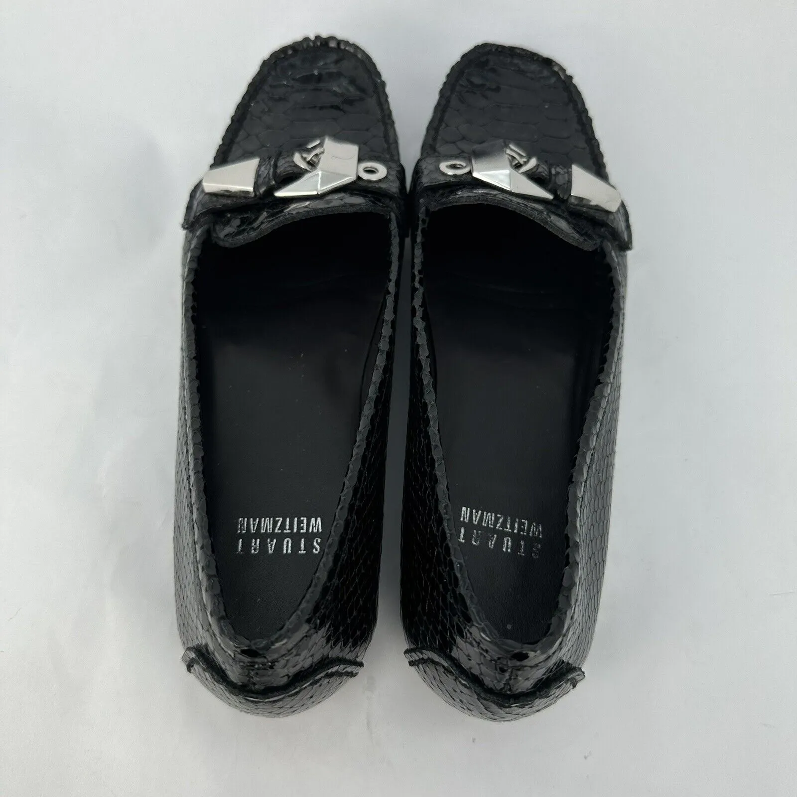 Stuart Weitzman Women’s  Black Leather Snake Skin Loafers Buckle - Image 9