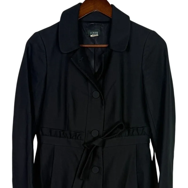 J.Crew Ruffle Tie Waist Button Down Collar Mid Length Coat Jacket Pocket 2 Black - Image 2