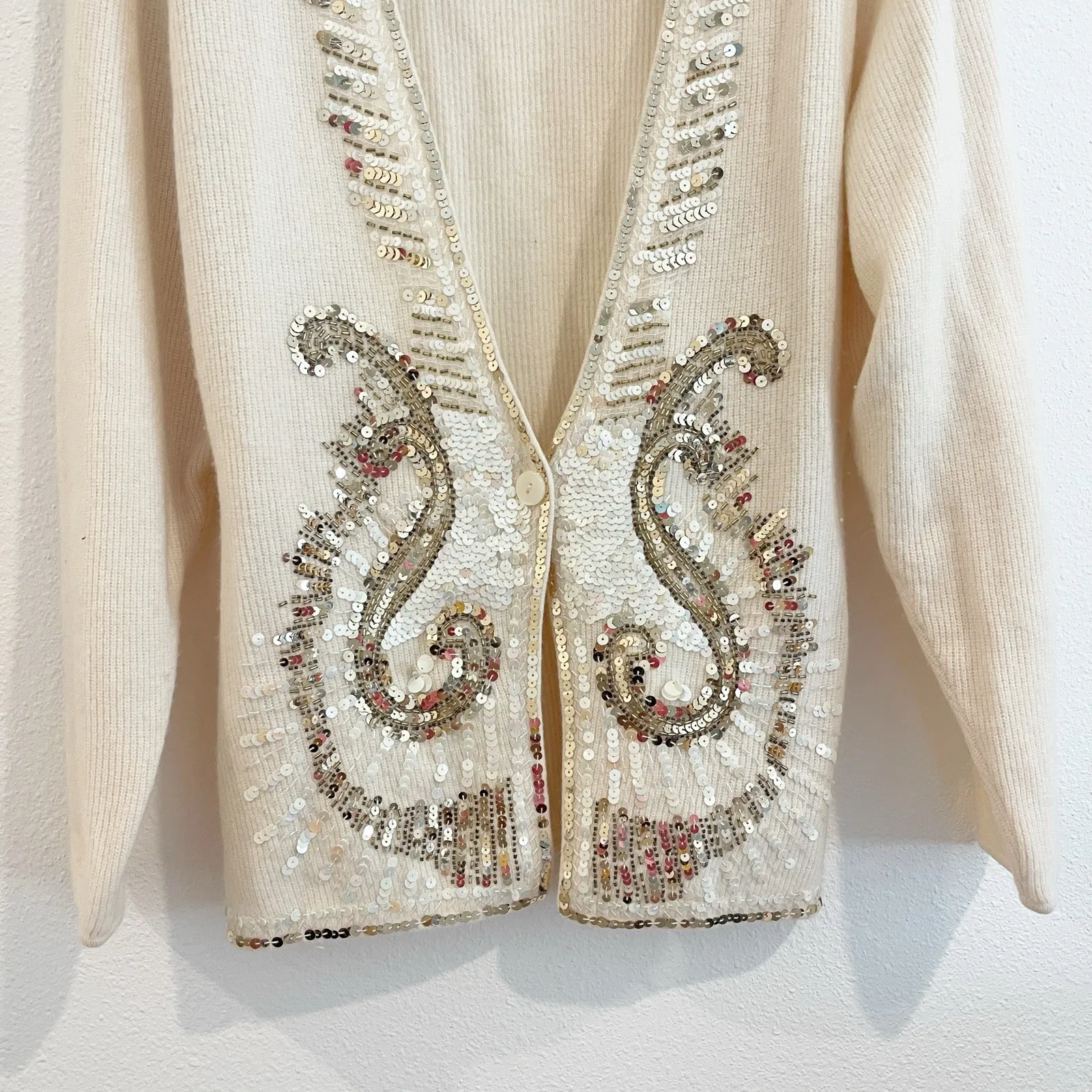 vintage cardigan women Lg Cream Lambswool Angora Rabbit Hair Sequin Holiday NYE Gold - Image 4