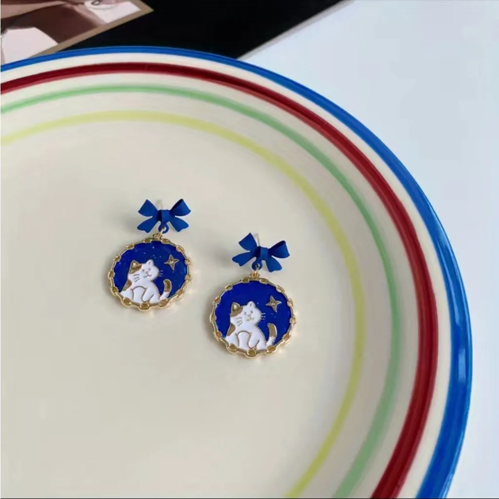 Navy Blue Bowknot Cute Cat Star Print Enamel‎ Dangle Earrings Gold - Image 2