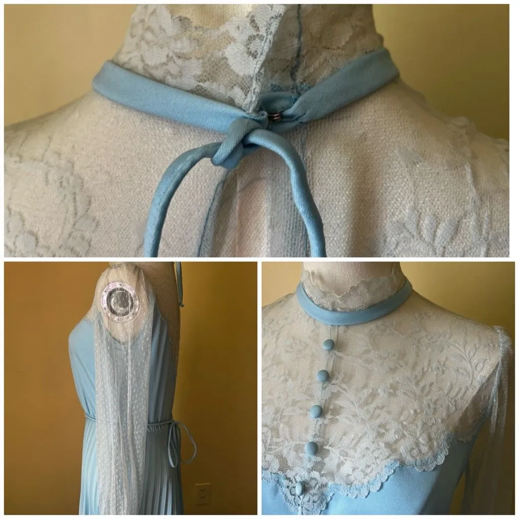 Vintage 70s Blue Lace‎ Long Sleeve Nightgown Hostess Dress Victorian Small - Image 7