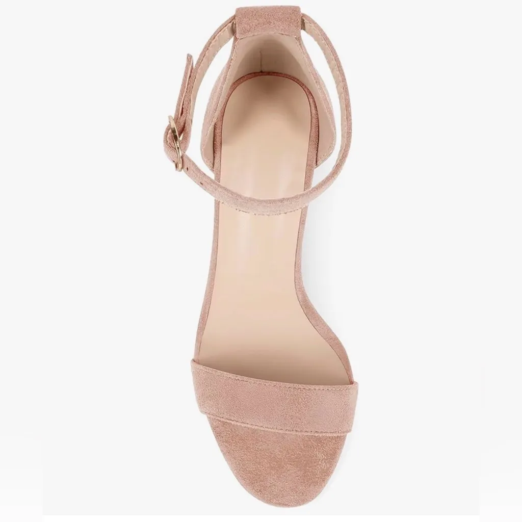 NEW Faux Suede Heels Open Toe Ankle Strap Chunky High Heel Pumps 3.35” 9.5 Pink - Image 3