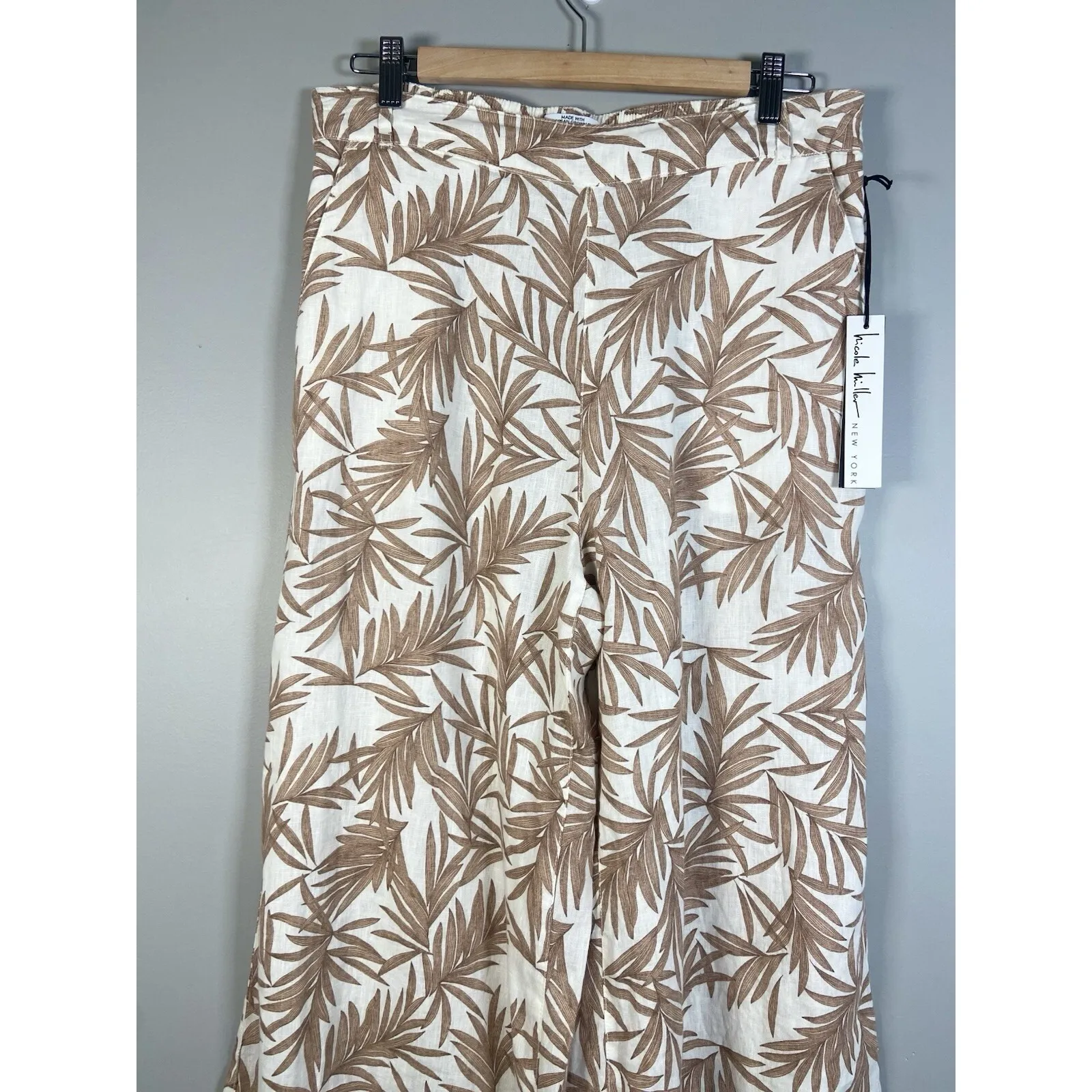 Nicole Miller Tropical Leaf Linen Cream Wide‎ Leg Pants Womens XL Lagenlook - Image 3
