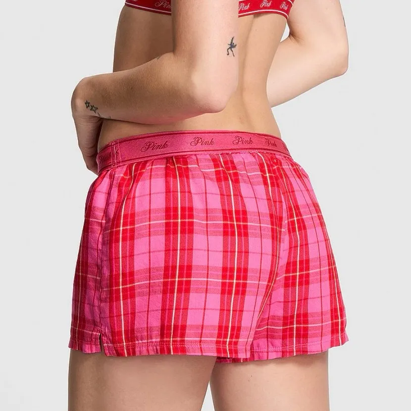 PINK VICTORIA’S SECRET Flannel Boxy Pajama Shorts Rose Red Plaid Soft Comfy XL - Image 4
