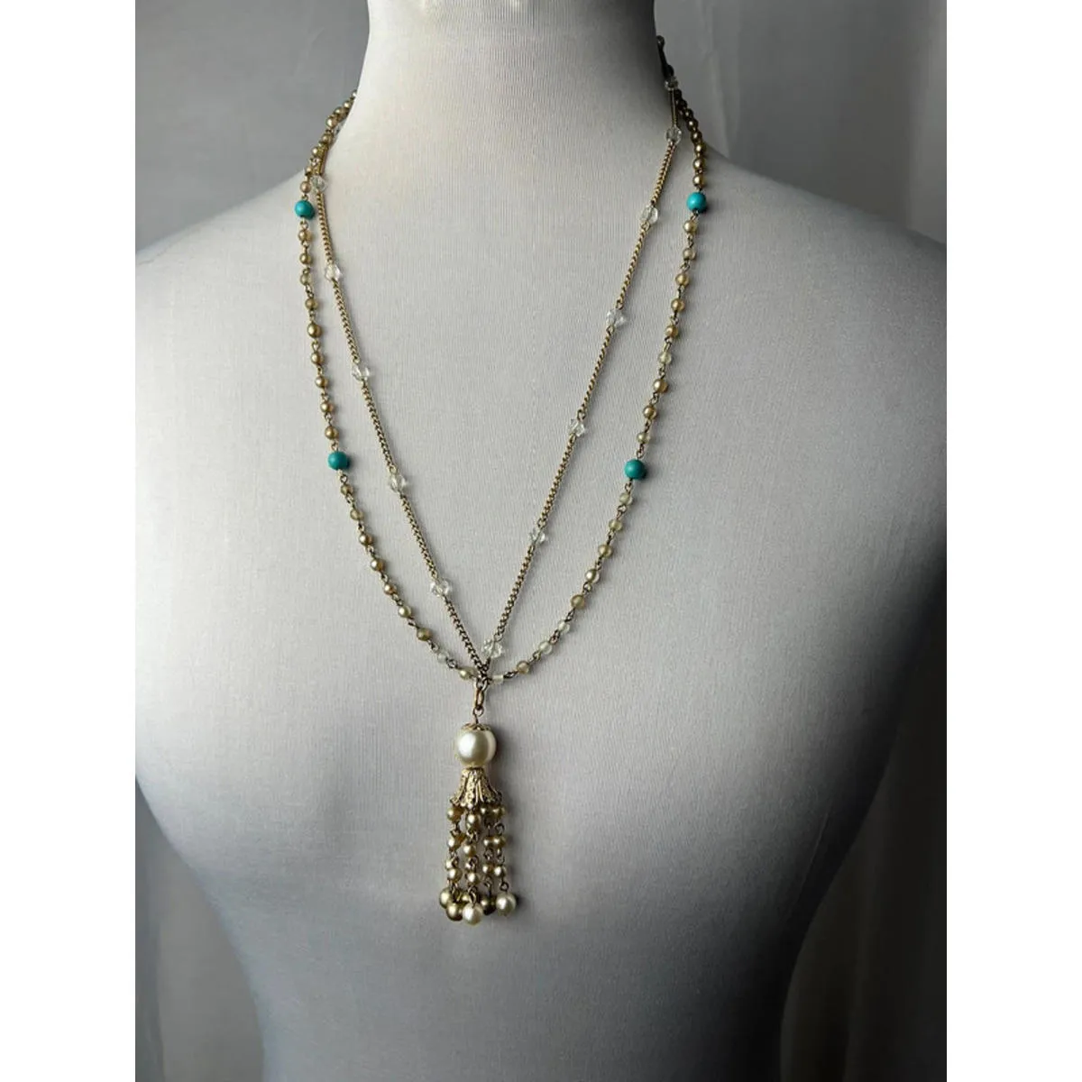 vintage gold chain double layered beaded pendant chain Lariat necklace Blue - Image 2
