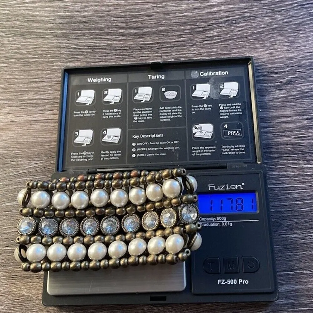 Vintage Faux Pearl & White Rhinestone Bronze Tone Multi Chain Strand Bracelet - Image 10