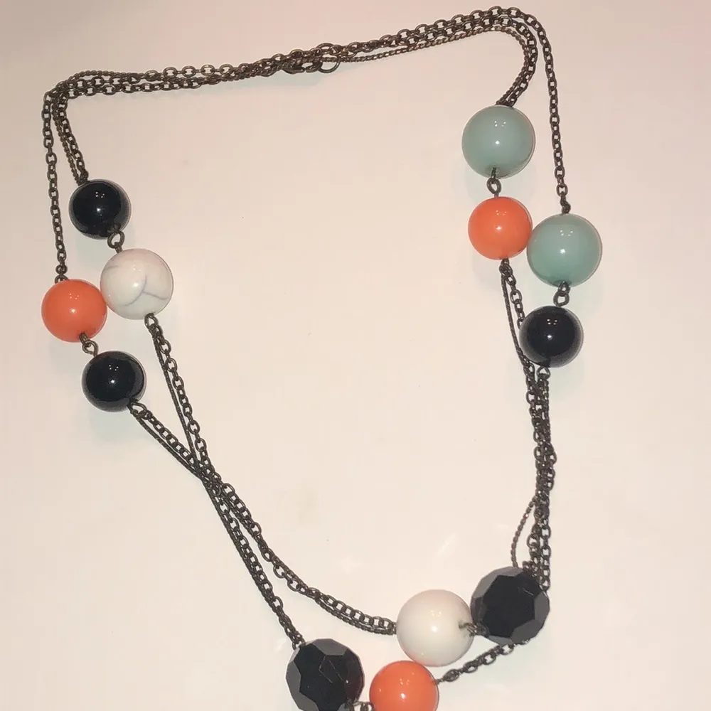Gunmetal Gray Dark Metal Orange White Blue Beaded Ball Chain Boho Necklace - Image 2