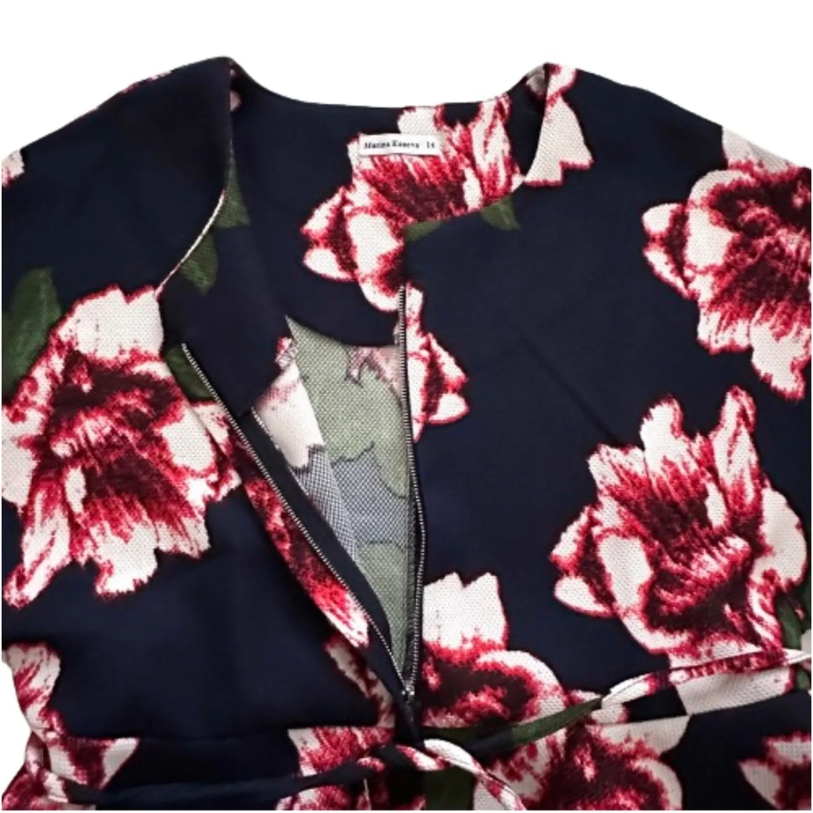 Marina Kaneva Blouse Top Navy Blue Pink Red Floral Tie Waist Peplum Top Size 14 - Image 9