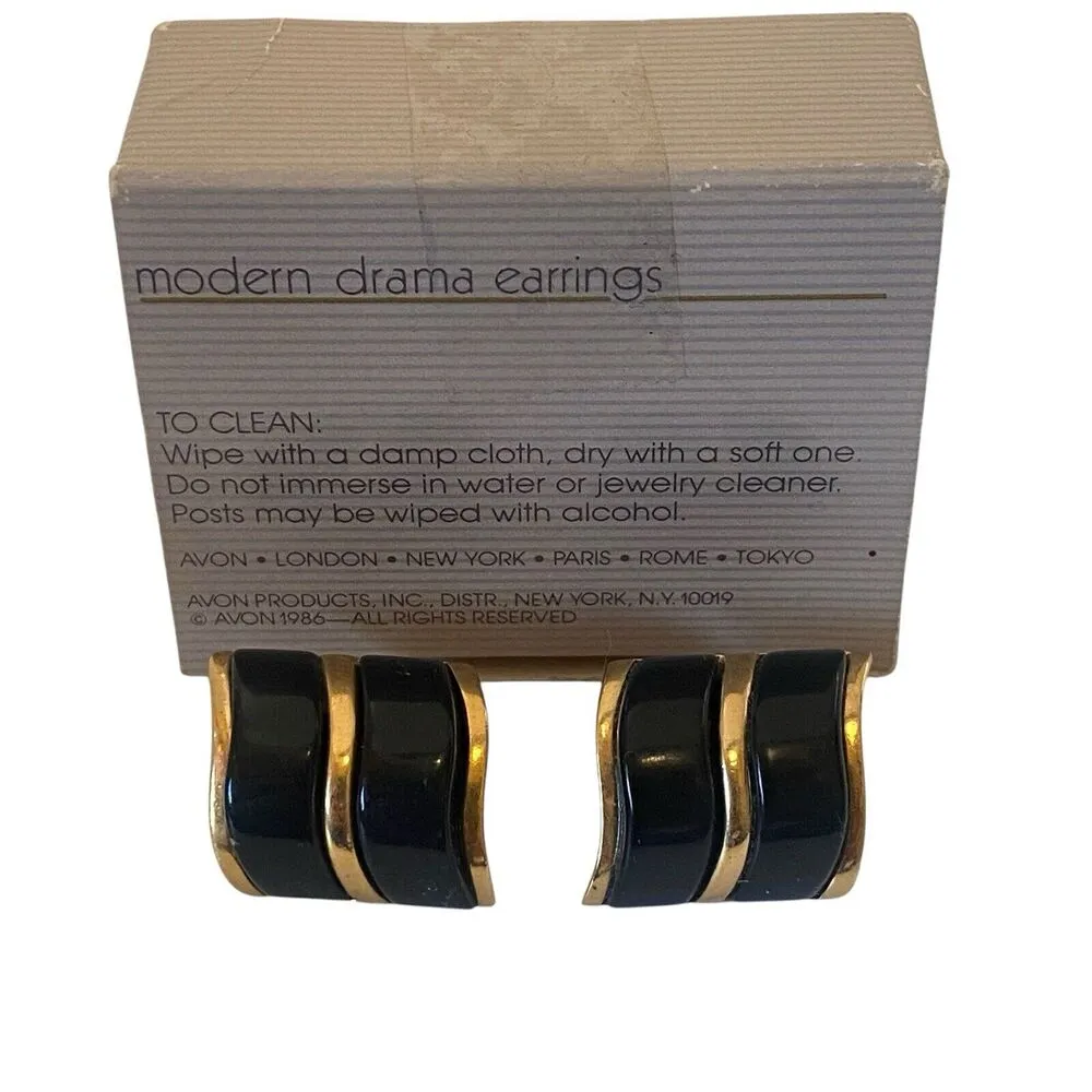 VTG Avon 80s MODERN DRAMA Mcm Black Lucite Gold Tone Wave Pierced Stud Earrings - Image 5