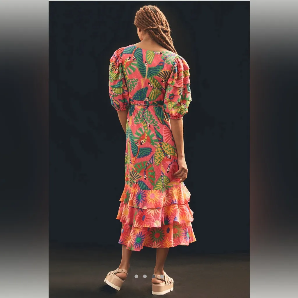 FARM RIO Macaws-print Puff-sleeve Midi Dress - Image 5