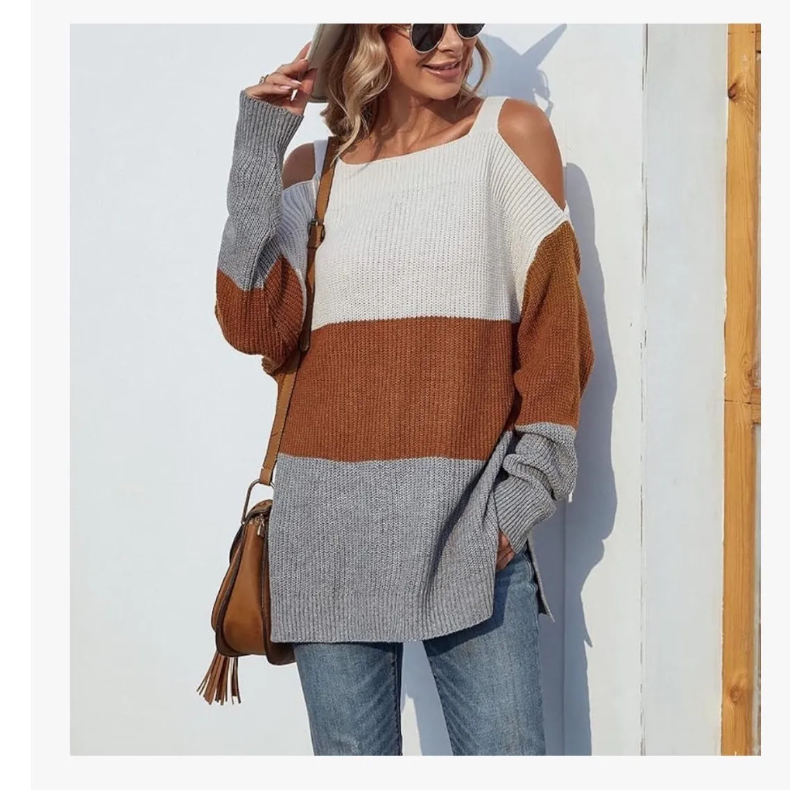 Color‎ Block Cold Shoulder Knit Sweater Pullover Casual Fall Tunic M - Image 2