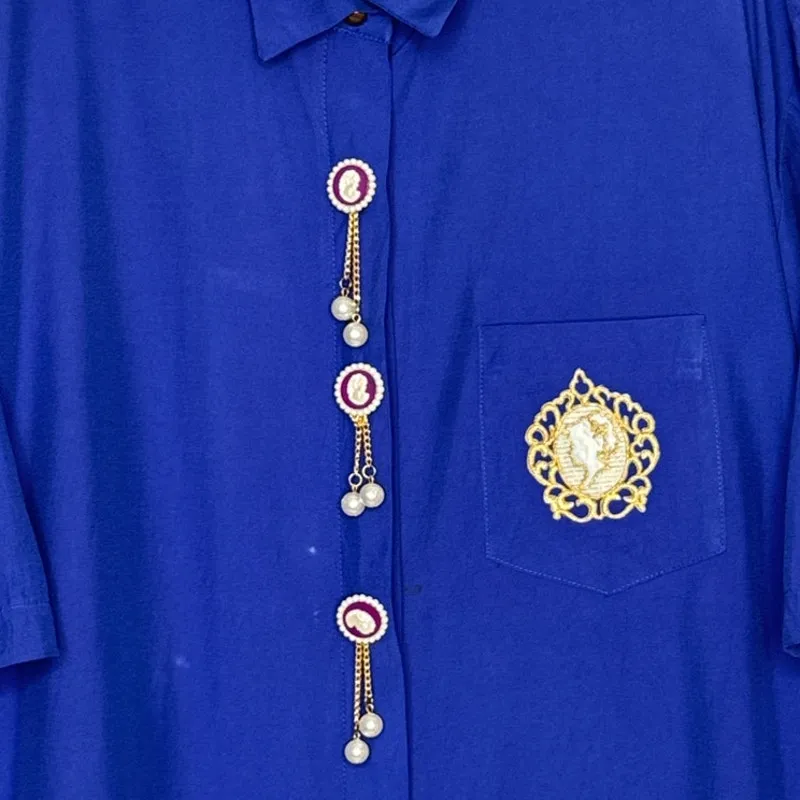 Vintage Gina Royal Blue Cameo Blouse / dress Pearl & Gold Chain Accents Medium - Image 12