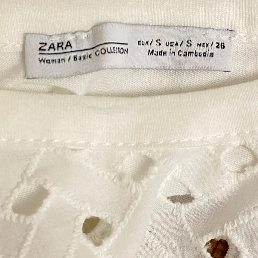 Zara White Cotton Eyelet Puff Sleeve Top Size Small - Image 7