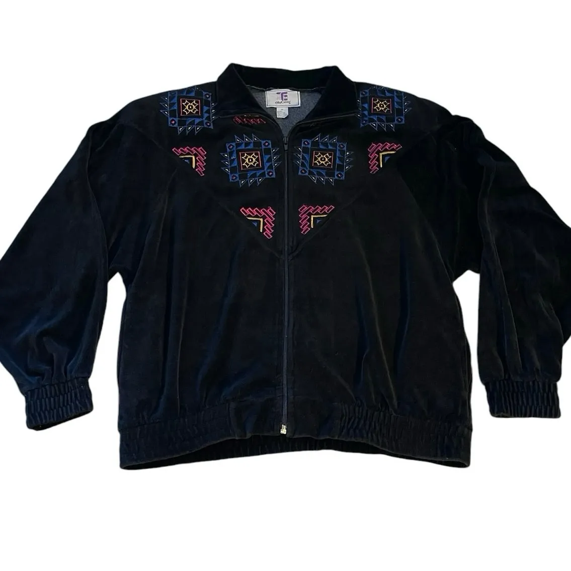 Vintage Womens Oleg Cassini 80s Black Velour Embroidered Retro Zip Jacket Medium - Image 6