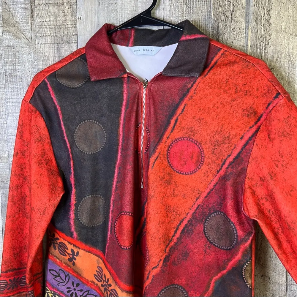 Small No Brand Abstract Multicolored 1/3 Front Pull Zip Top with 3/4 Sle… Red - Image 4