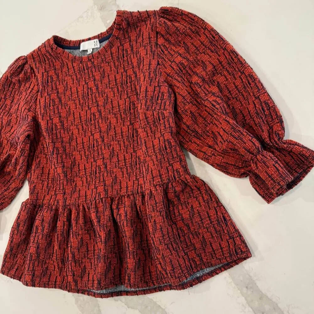 Ro & De Anthropologie Red Boucle Peplum Blouse Top Women’s Small Balloon Sleeve - Image 2