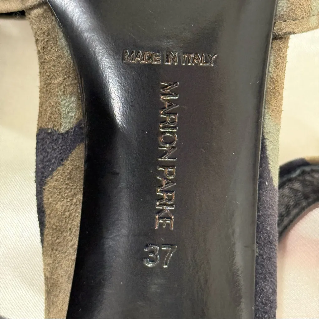 Marion Parke Lora Heeled Sandals Size 37/7 Green Camo Suede Block Heel Chic Edgy - Image 8