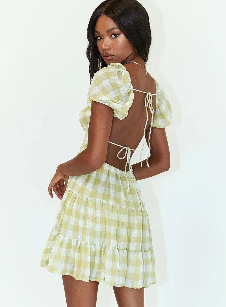 Korina Mini Dress In Gingham Green - Image 2