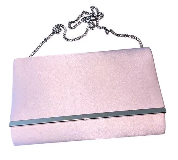 Lunar Elegance Womens Satin Flap Chain Strap Clutch Evening Silver Pale Pink OS Pink - Image 1
