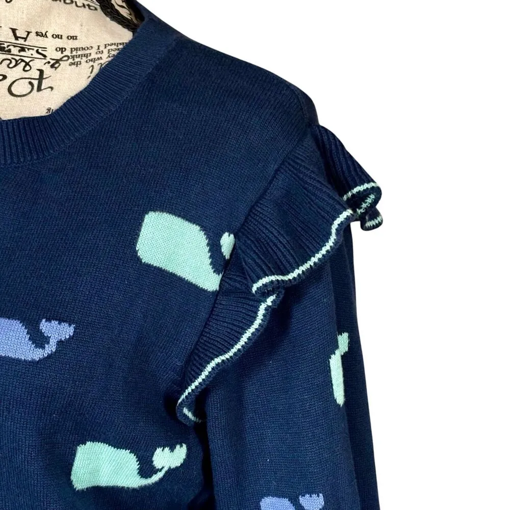 Vineyard Vines Size M Blue Ruffle Sleeve 100% Cotton Pullover Sweater Whales - Image 3