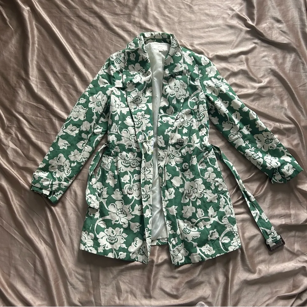 Green & White Floral Peacoat Size M - Image 3