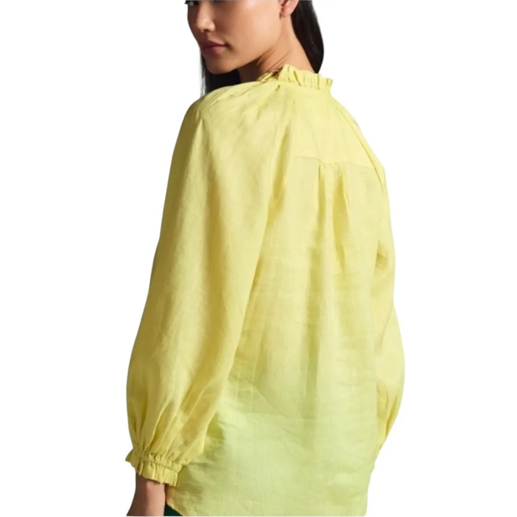 Maeve Anthropologie The Audie Linen Puff Sleeve Button Up Blouse Yellow Womens L - Image 4
