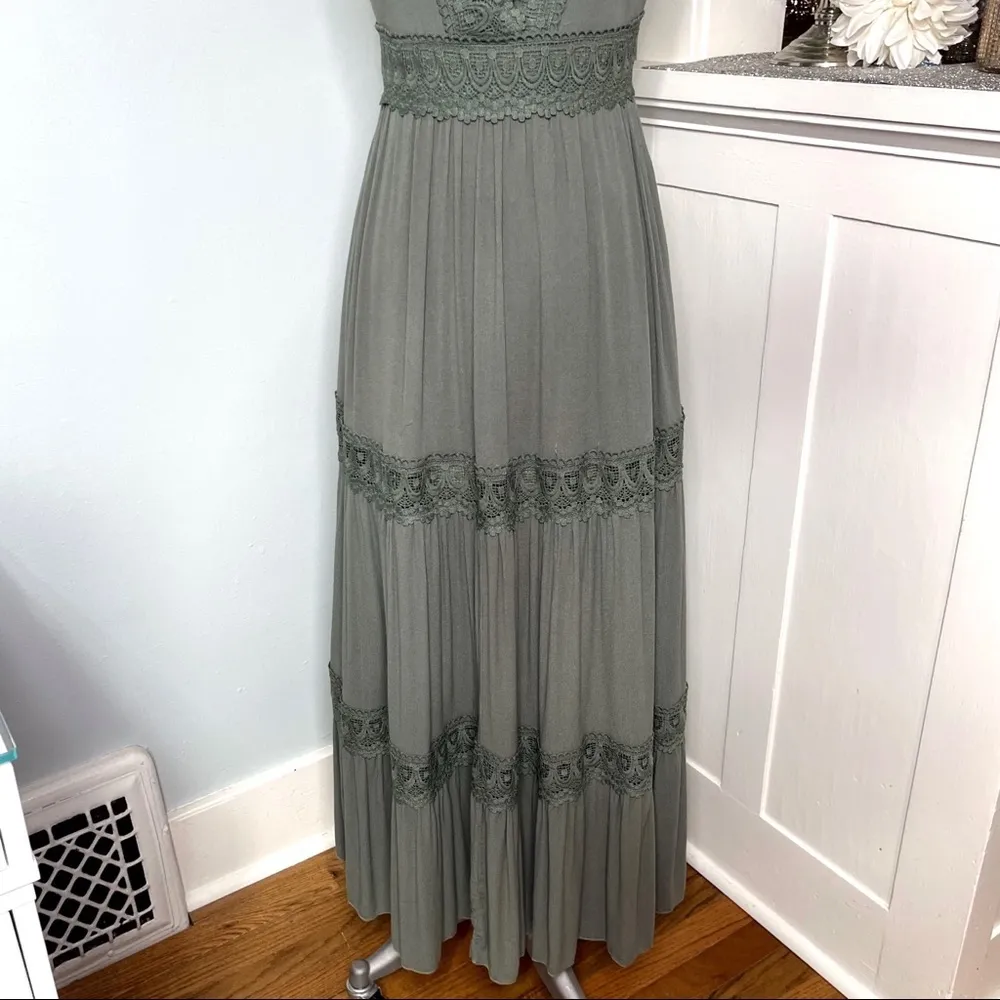 Davi & Dani Lace Crochet Tiered Maxi Dress Sage Green Small - Image 5