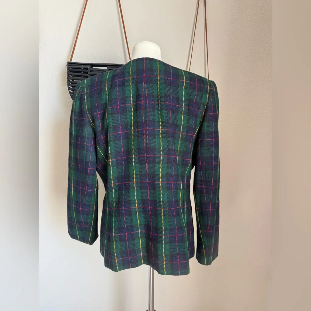 Vintage 1980s Navy & Green Plaid Wool Blazer, Size 12 - Image 5