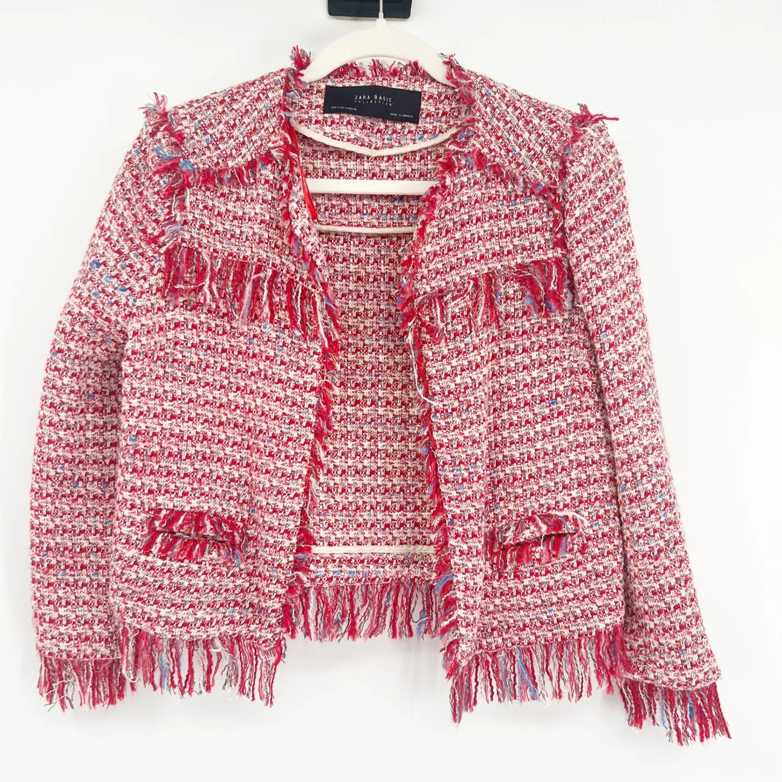 Zara Basic Womens Bloggers Fav Preppy Red Tweed Fringe Blazer Jacket Size S - Image 3