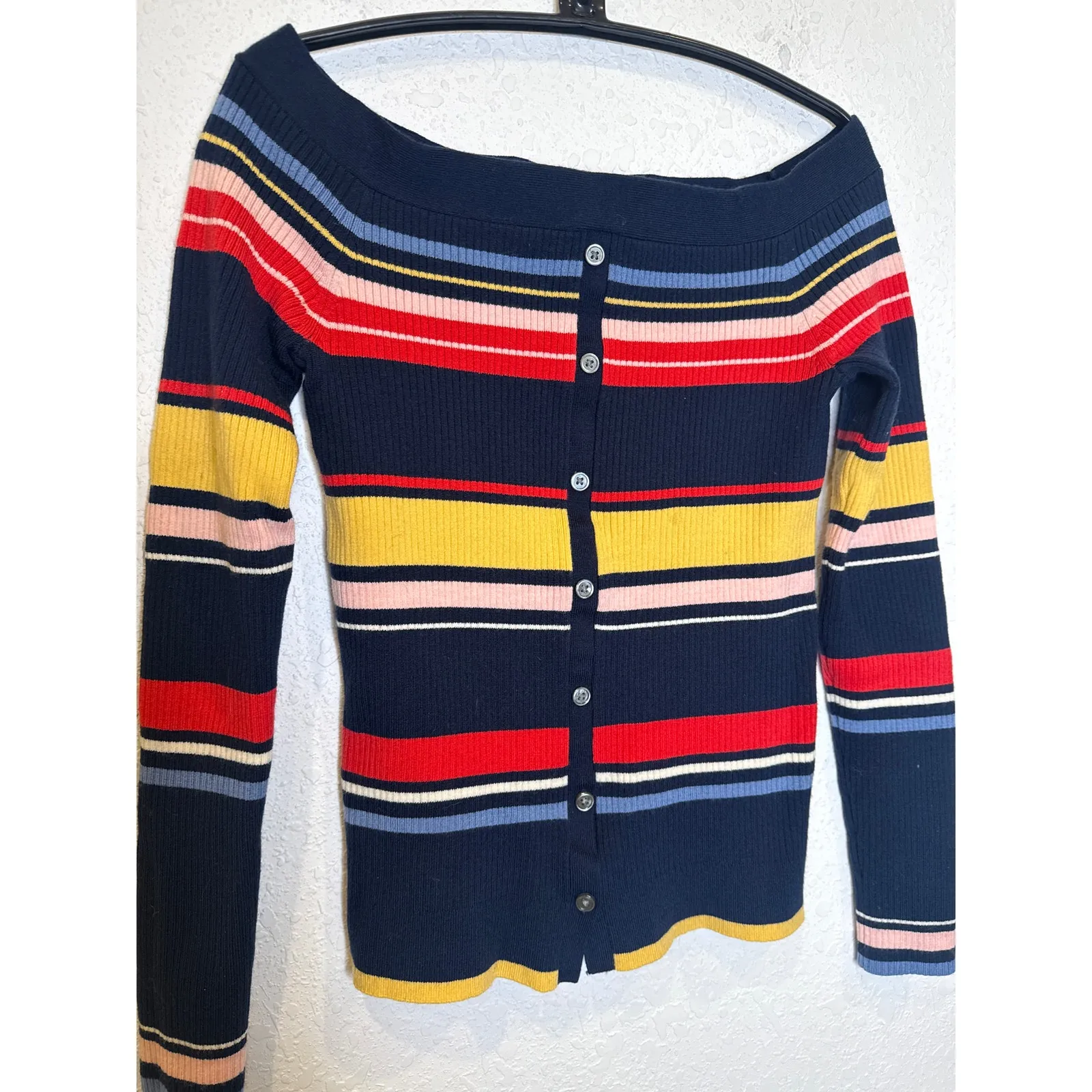 Frame Ribbed Off The Shoulder Striped Color Block Sweater EUC Sz XS Button Down - Image 2