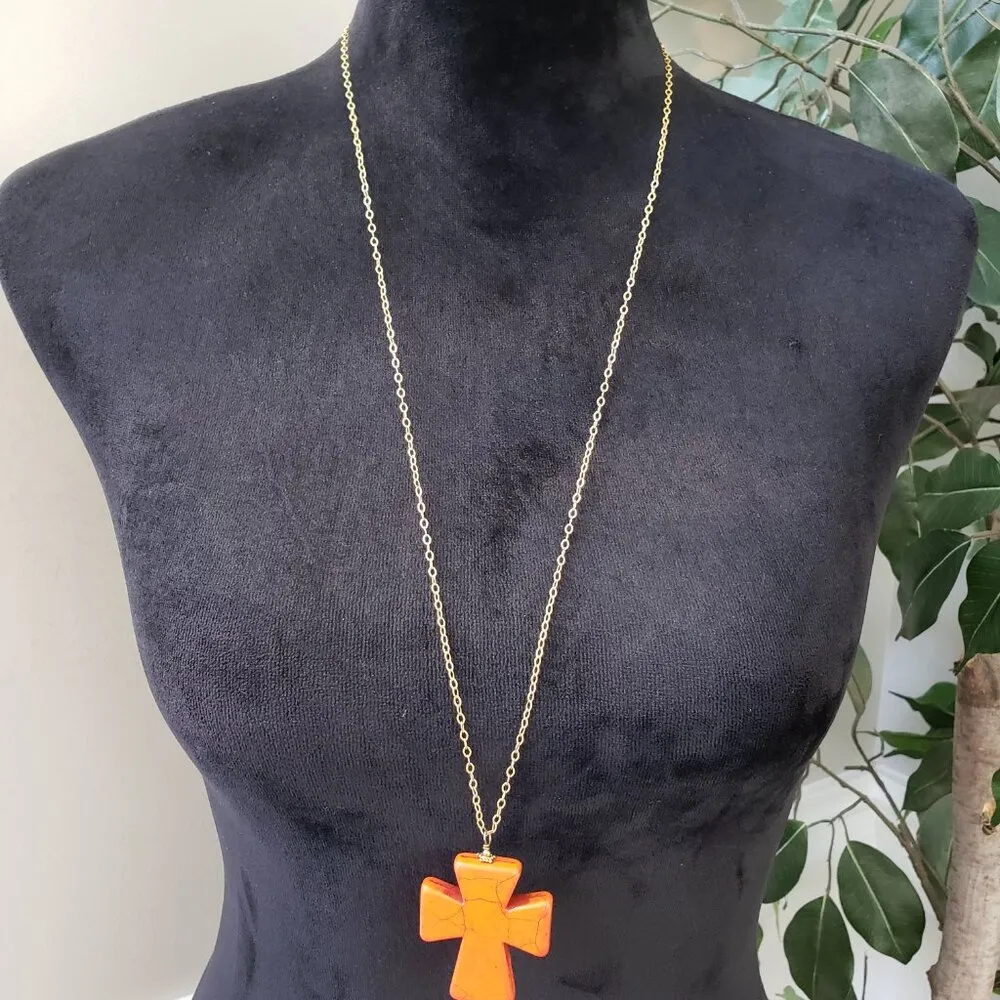 Women Gold Tone Orange Howlite Coss Long Chain Pendant Necklace w/ Lobster Clasp - Image 2