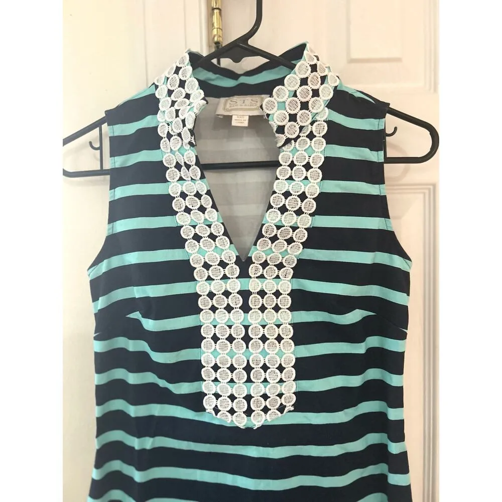 Sail to Sable Navy & Teal Stripe White Eyelet Trim Shift Dress - Image 3