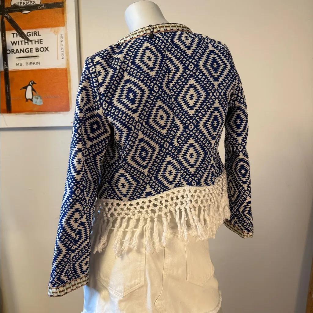 Lovemystyle Blue And White Aztec Print Jacket With Tasselled Hem UK 10 US 6 NWOT - Image 3