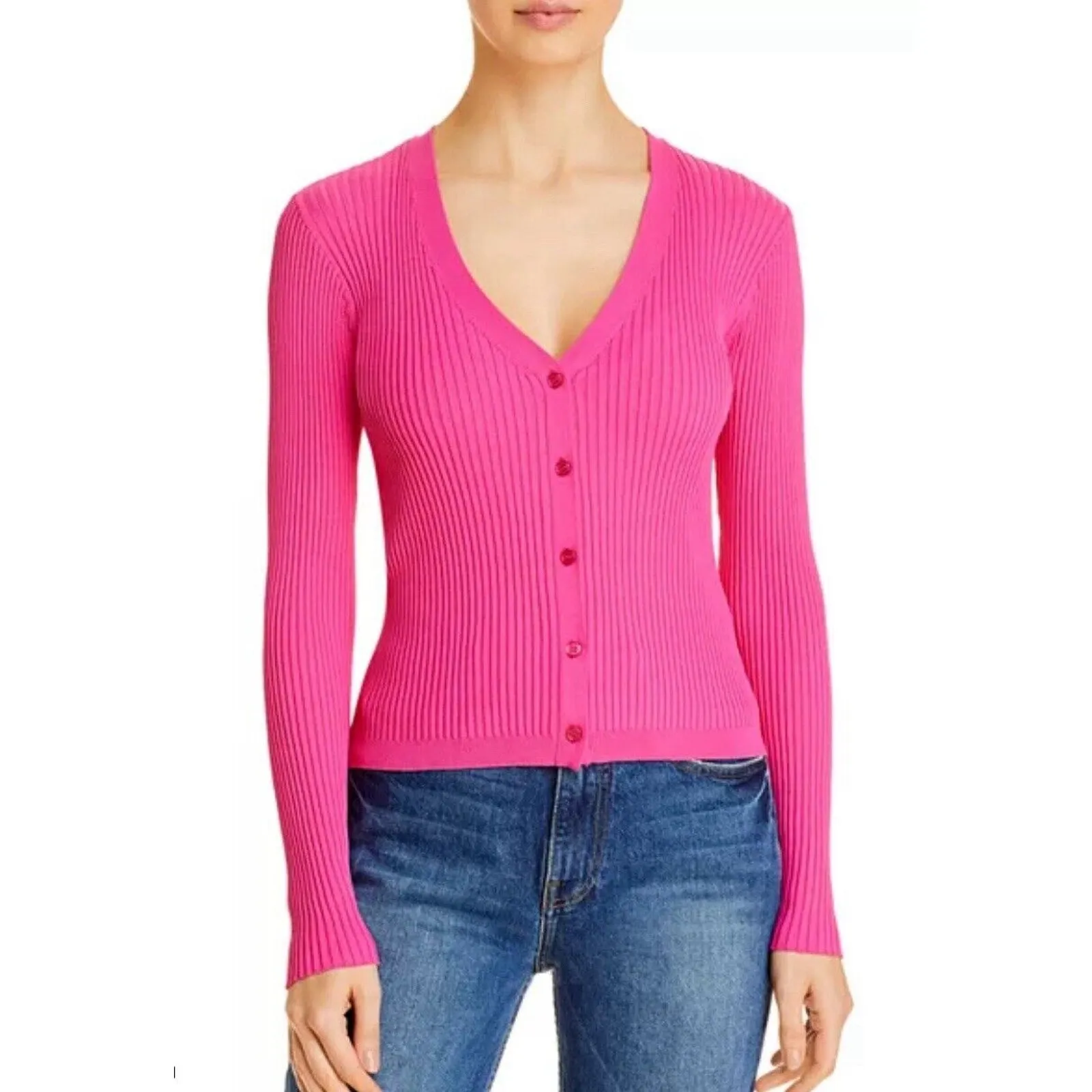 Lini Ribbed‎ Stretch Twin Set Cardigan Cami 2 Piece Women Size Small Bright Pink - Image 2