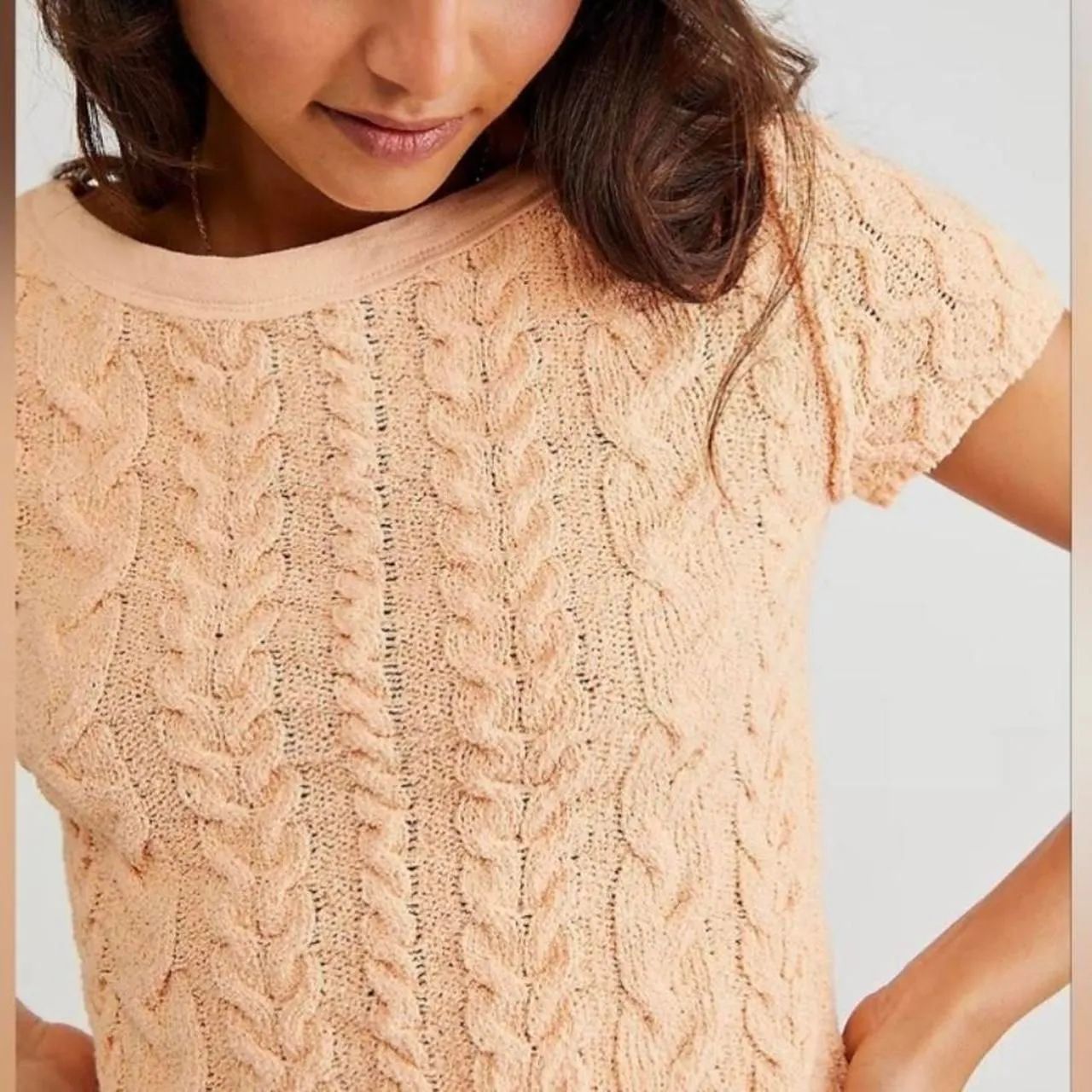 Free People Peach Baby Cable Knit Tee – Soft Girl Boho (XS) Orange - Image 2