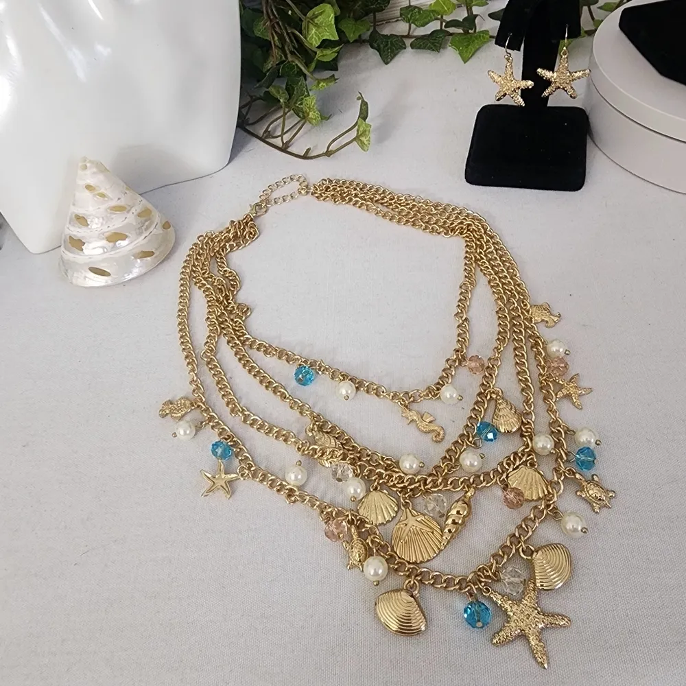 Gold 4 Strand Chain Necklace with Nautical Charms and Starfish Earrings Set - Image 2